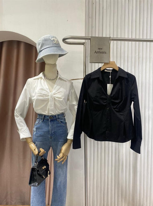 MATINEE Gathered Strip Button Front  Long  Sleeve Top